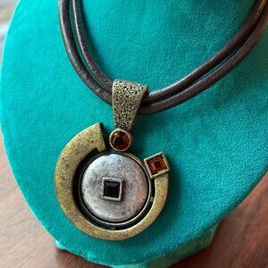 Rare Vintage Y2K Chico's Statement Necklace Metal Medallion and Leather